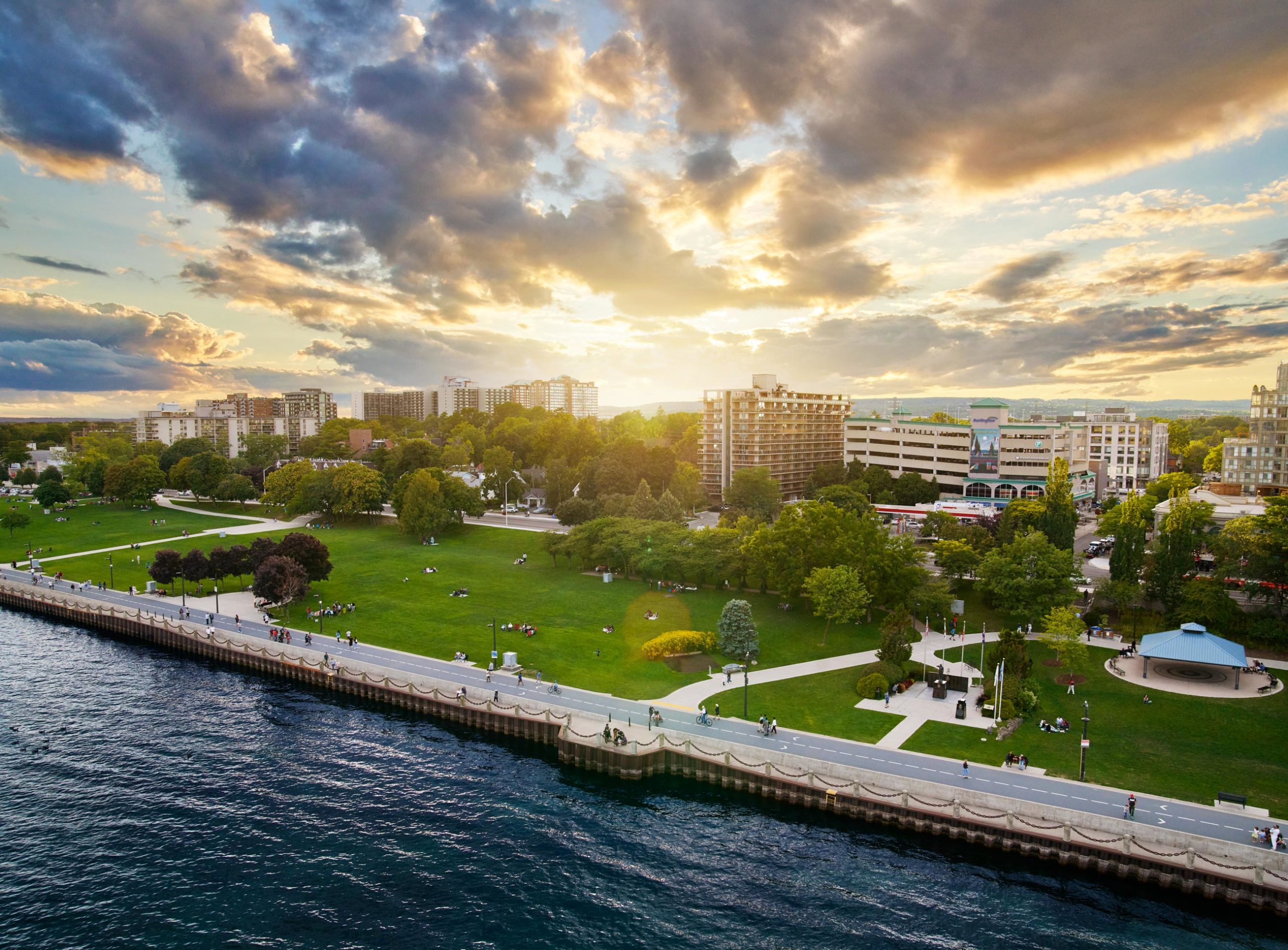 Aerial sunset photo of the Burlington Waterfront boardwalk